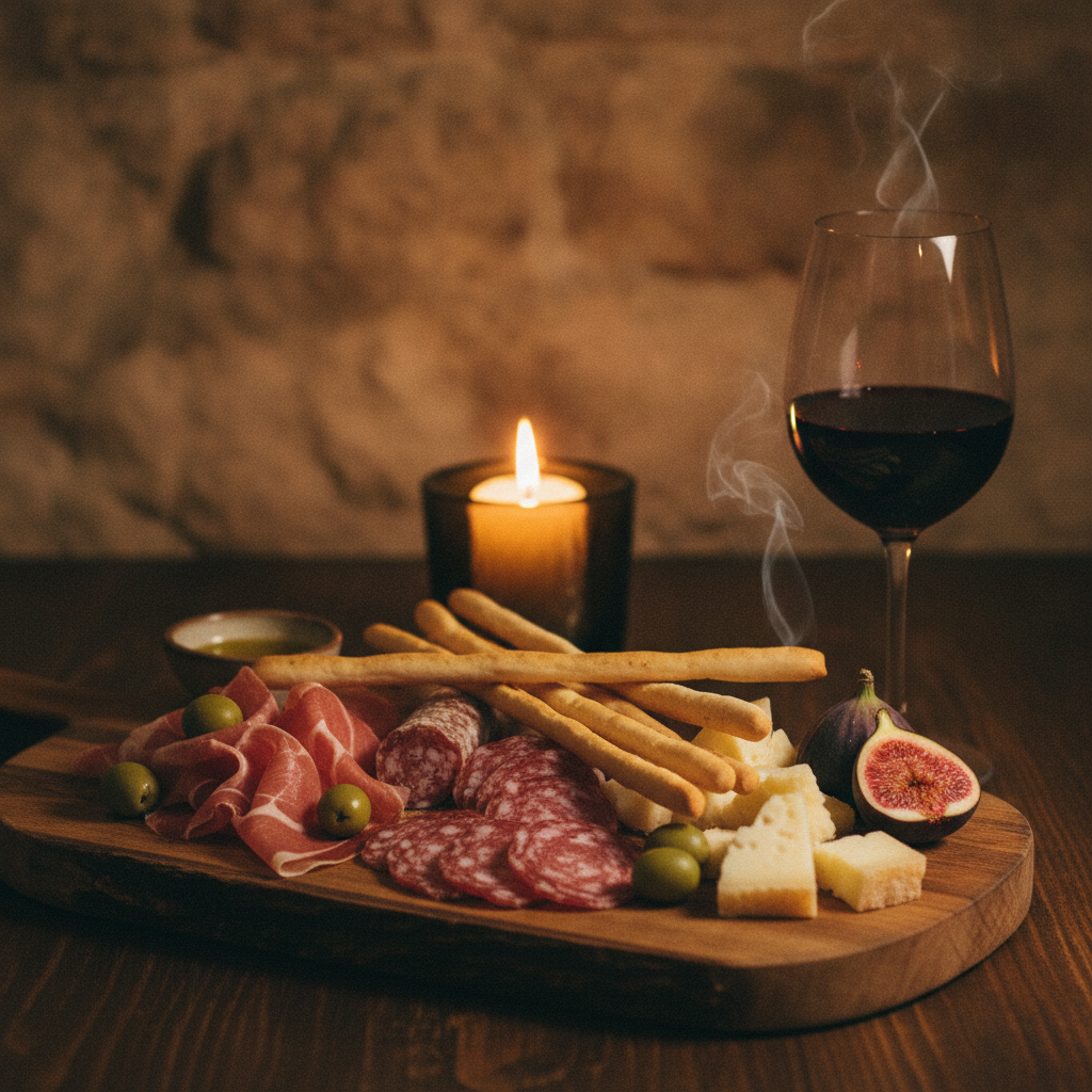 Italienische Antipasti-Platte mit Wein